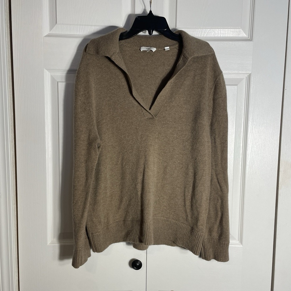 VINCE Raglan Sleeve Cashmere Wool Polo Sweater Women L Chestnut Brown Knit‎ Luxe